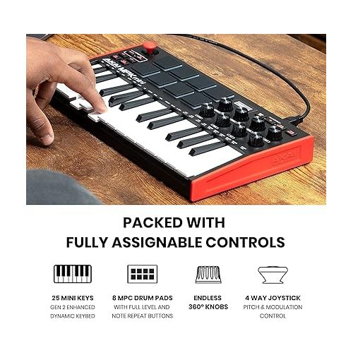  AKAI Professional MPK Mini MK3 - 25 Key USB MIDI Keyboard Controller With 8 Backlit Drum Pads, 8 Knobs and Music Production Software Included