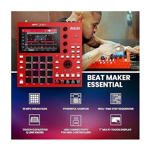  AKAI Professional MPC One+ Standalone Drum Machine, Beat Maker and MIDI Controller with WiFi, Bluetooth, Drum Pads, Synth Plug-ins and Touchscreen,red