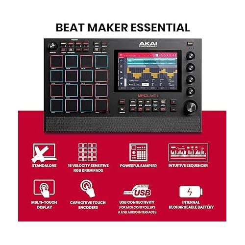  Beat Maker Bundle - Akai Professional MPC Live II Battery Powered Drum Machine with Speakers, M-Audio AIR 192|4 Audio Interface, XLR Microphone, and Headphones