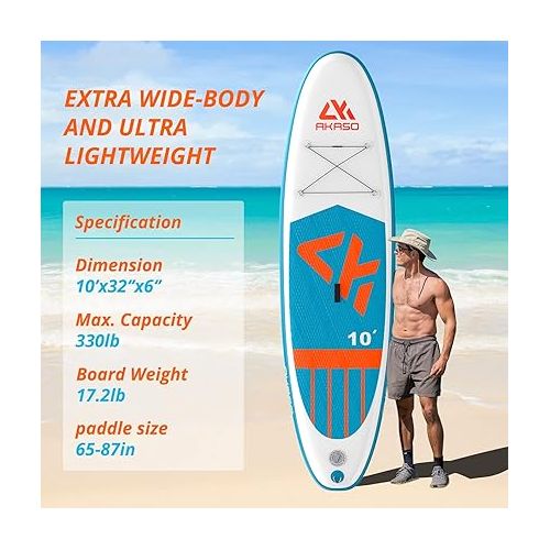  AKASO Inflatable Stand-Up Paddleboard, Yoga SUP with Backpack, Non-Slip Deck, Waterproof Bag, Leash, Floating Paddle and Hand Pump