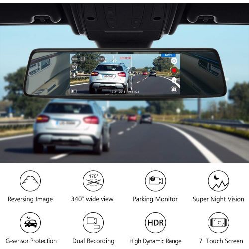  [아마존 핫딜] AKASO Mirror Dash Cam with Backup Camera, 1080P Dual Dash Camera for Cars 7 Stream Media Touchscreen DVR with 32GB Card Front Rear Reversing Image G-Sensor Loop Record Parking Moni