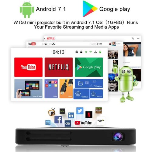  [아마존 핫딜] AKASO Mini Projector, WT50 DLP Portable Pocket Projector with WiFi, Android 7.1, Wireless and Wired Screen Sharing, Trackpad Design, 1080P Video Play, Home Theater Pico Projector f