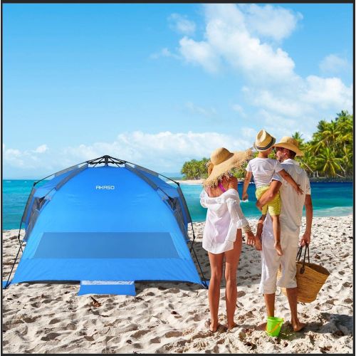  AKASO Pop Up Beach Tent for 3-4 Person, X-Large Portable Beach Shade Sun Shelter with UPF 50+ UV Protection, 3 Ventilation Windows & Extended Floor, Easy Setup Family Beach Shelter
