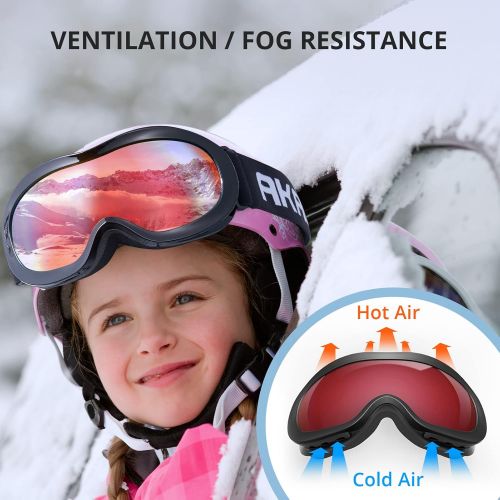  AKASO Kids Ski Goggles for Youth, Kids, Anti-Fog, 100% UV Protection, Double-Layer Spherical Lenses