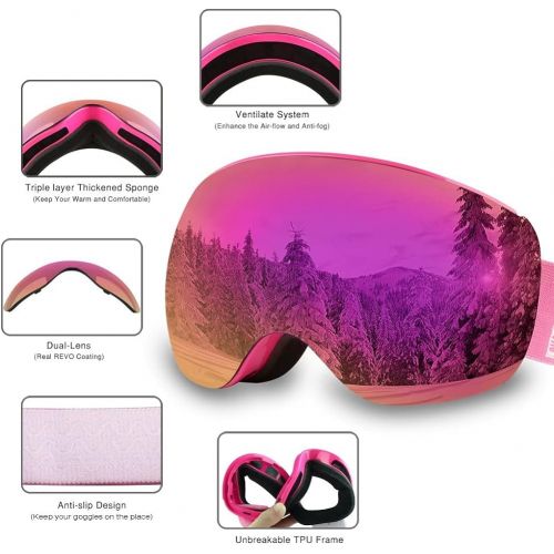  AKASO OTG Ski Goggles, Snowboard Goggles, Mag-Pro Magnetic Interchangeable Lenses, Snow Goggles for Men & Women