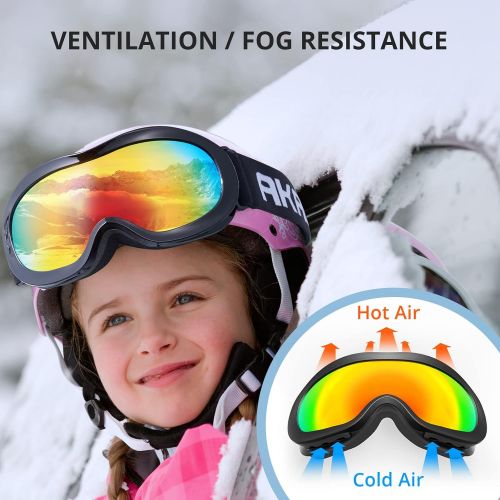  AKASO Kids Ski Goggles for Youth, Kids, Anti-Fog, 100% UV Protection, Double-Layer Spherical Lenses