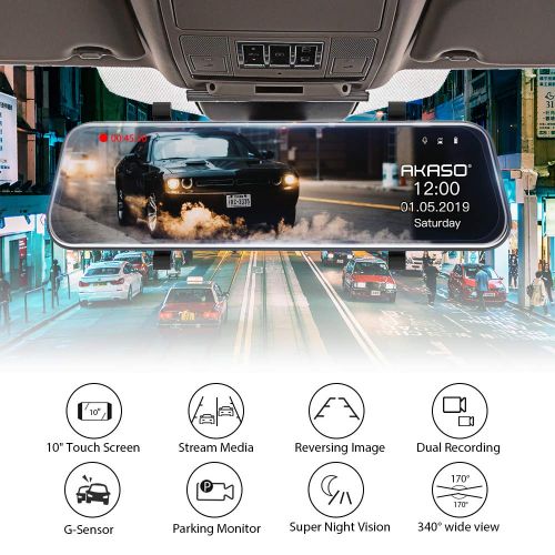  Mirror Dash Camera for Cars - AKASO Dash Cam 10 Stream Media Full Touch Screen with 32GB Card 1080P Dual Recording Reversing Image G-Sensor Parking Monitor with Waterproof Backup C
