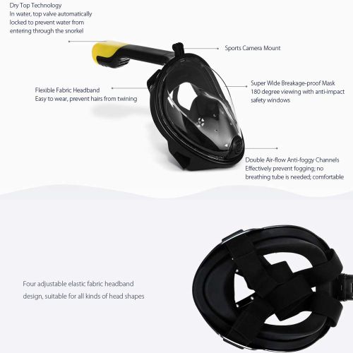  AKBQ Full Face Snorkeling Mask- Easy Breathing Snorkel Mask Snorkeling Set, 180° Seaview Anti-Fog Anti-Leak Design Swimming Diving Masks