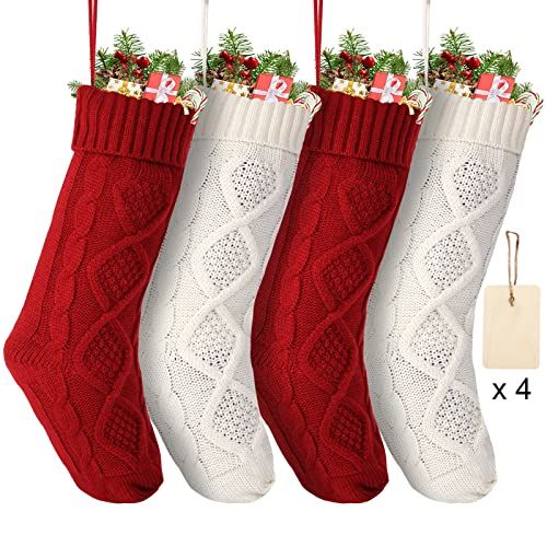  AKIT 4 Pack Christmas Stockings w/ DIY Tags, 18 Inches Large Knitted Stockings Gifts Christmas Decorations Indoor Classic Christmas Stockings Xmas Fireplace Hanging Stockings for Family