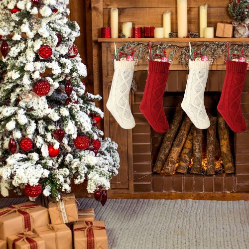  AKIT 4 Pack Christmas Stockings w/ DIY Tags, 18 Inches Large Knitted Stockings Gifts Christmas Decorations Indoor Classic Christmas Stockings Xmas Fireplace Hanging Stockings for Family