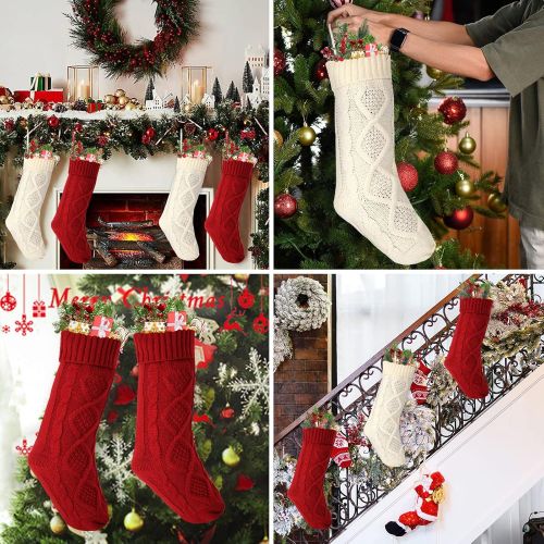  AKIT 4 Pack Christmas Stockings w/ DIY Tags, 18 Inches Large Knitted Stockings Gifts Christmas Decorations Indoor Classic Christmas Stockings Xmas Fireplace Hanging Stockings for Family