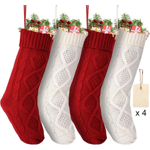  AKIT 4 Pack Christmas Stockings w/ DIY Tags, 18 Inches Large Knitted Stockings Gifts Christmas Decorations Indoor Classic Christmas Stockings Xmas Fireplace Hanging Stockings for Family