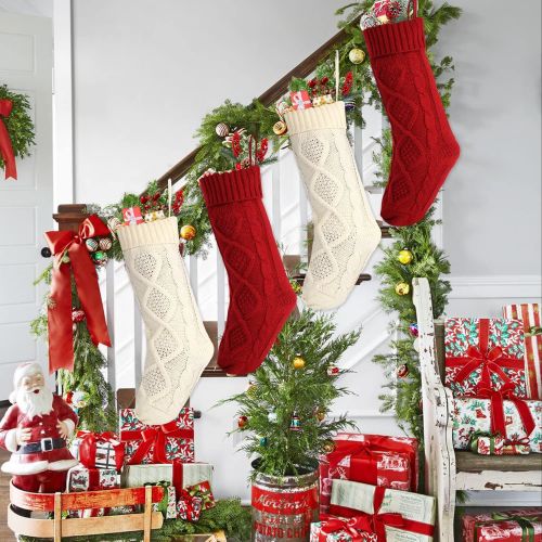  AKIT 4 Pack Christmas Stockings w/ DIY Tags, 18 Inches Large Knitted Stockings Gifts Christmas Decorations Indoor Classic Christmas Stockings Xmas Fireplace Hanging Stockings for Family