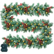AKIT 9Ft Christmas Garland with Lights, Prelit Garland Christmas Lighted Garland with Timer, Xmas Garland Pine Cone Berry Garland with Battery Operated Christmas Lights Outdoor Christma