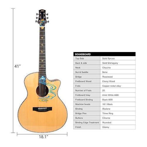  AKLOT Acoustic Guitar for Beginners Full Size 4/4 Folk Guitars Cutaway Acoustique Guitare Starter Kit (Solid Guitar W/Hard Case)