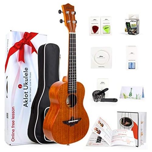  AKLOT Concert Ukulele Solid Mahogany 23 Inch Uke with Free Tutorial and Beginner Kit ( Gig Bag, Picks, Tuner, Strap, String, Cleaning Cloth, Starter Manual )