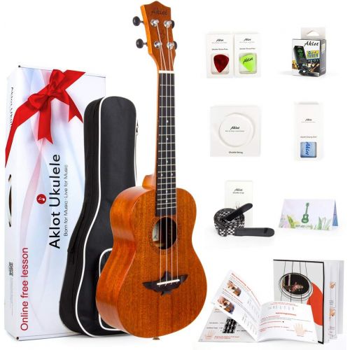  AKLOT Concert Ukulele Solid Mahogany 23 Inch Uke with Free Tutorial and Beginner Kit ( Gig Bag, Picks, Tuner, Strap, String, Cleaning Cloth, Starter Manual )