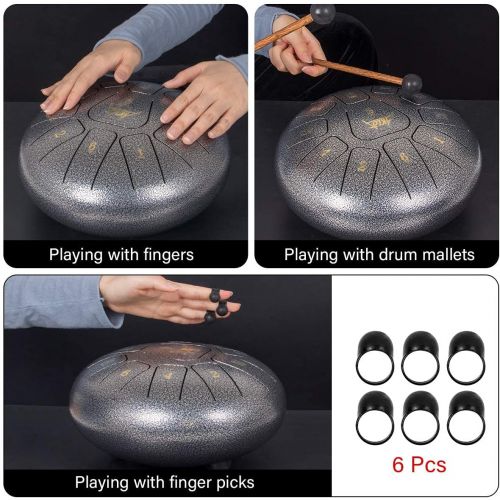  [아마존베스트]Aklot Steel Tongue Drum, 25.4 cm,11 Notes Tank Drum, C Key, with Beater Note Sticker, Finger Picks Mallet Bracket and Bag