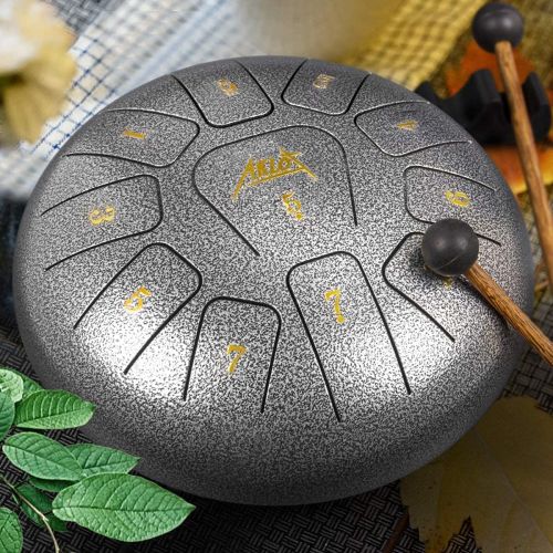  [아마존베스트]Aklot Steel Tongue Drum, 25.4 cm,11 Notes Tank Drum, C Key, with Beater Note Sticker, Finger Picks Mallet Bracket and Bag