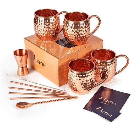  [아마존베스트]ALARUE Moscow Mule Copper Mugs Set - 4 Authentic Handcrafted Mugs (16 oz.) with 4 Copper Straws, Copper Stirrer and Copper Jigger - Food Safe Pure Solid Copper - Gift set with Recipe Book