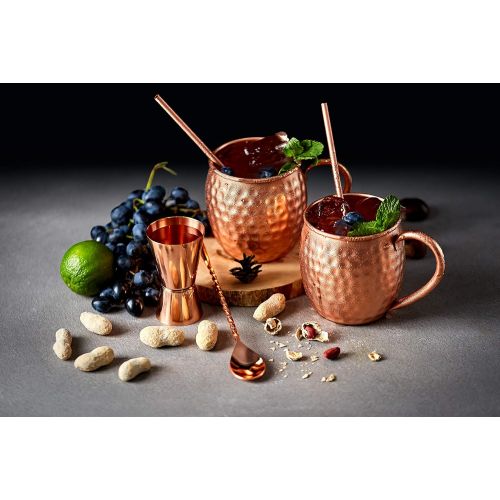  [아마존베스트]ALARUE Moscow Mule Copper Mugs Set - 4 Authentic Handcrafted Mugs (16 oz.) with 4 Copper Straws, Copper Stirrer and Copper Jigger - Food Safe Pure Solid Copper - Gift set with Recipe Book