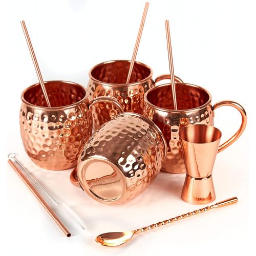  [아마존베스트]ALARUE Moscow Mule Copper Mugs Set - 4 Authentic Handcrafted Mugs (16 oz.) with 4 Copper Straws, Copper Stirrer and Copper Jigger - Food Safe Pure Solid Copper - Gift set with Recipe Book