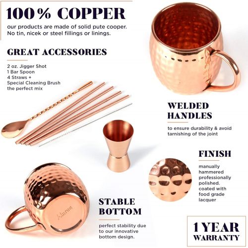  [아마존베스트]ALARUE Moscow Mule Copper Mugs Set - 4 Authentic Handcrafted Mugs (16 oz.) with 4 Copper Straws, Copper Stirrer and Copper Jigger - Food Safe Pure Solid Copper - Gift set with Recipe Book