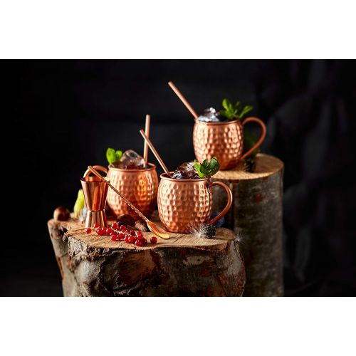  [아마존베스트]ALARUE Moscow Mule Copper Mugs Set - 4 Authentic Handcrafted Mugs (16 oz.) with 4 Copper Straws, Copper Stirrer and Copper Jigger - Food Safe Pure Solid Copper - Gift set with Recipe Book