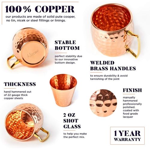  [아마존베스트]ALARUE Moscow Mule Copper Mugs Set - 4 Authentic Handcrafted Mugs (16 oz.) with Shot Glass (2 oz.) - Food Safe Pure Solid Copper Mugs - Gift set with Recipe Book Included