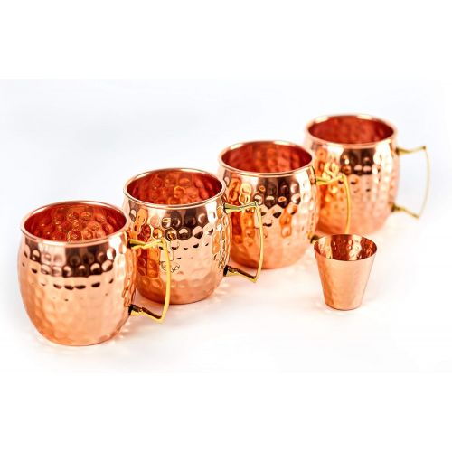  [아마존베스트]ALARUE Moscow Mule Copper Mugs Set - 4 Authentic Handcrafted Mugs (16 oz.) with Shot Glass (2 oz.) - Food Safe Pure Solid Copper Mugs - Gift set with Recipe Book Included