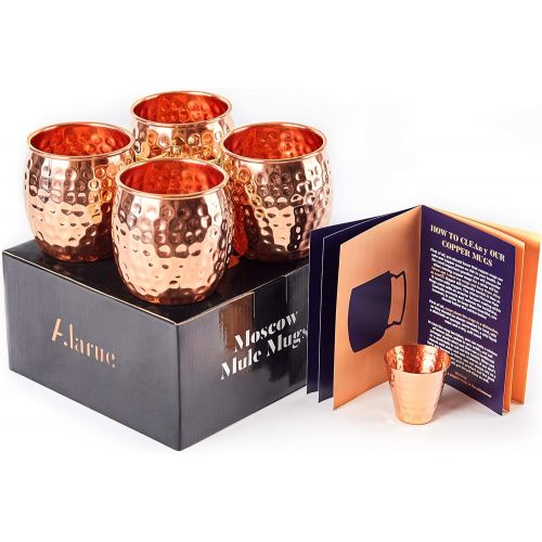  [아마존베스트]ALARUE Moscow Mule Copper Mugs Set - 4 Authentic Handcrafted Mugs (16 oz.) with Shot Glass (2 oz.) - Food Safe Pure Solid Copper Mugs - Gift set with Recipe Book Included