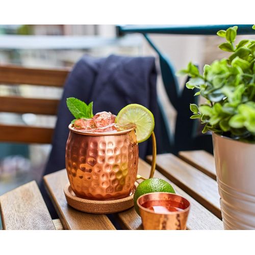  [아마존베스트]ALARUE Moscow Mule Copper Mugs Set - 4 Authentic Handcrafted Mugs (16 oz.) with Shot Glass (2 oz.) - Food Safe Pure Solid Copper Mugs - Gift set with Recipe Book Included