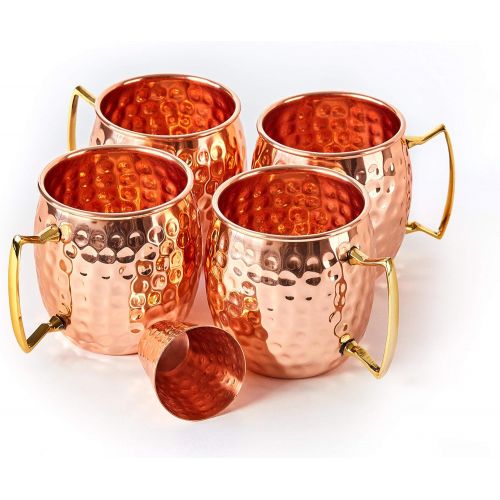  [아마존베스트]ALARUE Moscow Mule Copper Mugs Set - 4 Authentic Handcrafted Mugs (16 oz.) with Shot Glass (2 oz.) - Food Safe Pure Solid Copper Mugs - Gift set with Recipe Book Included