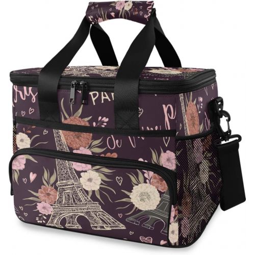  ALAZA Peony and Eiffel Tower Vintage Large Cooler Lunch Bag, Waterproof Cooler Bag for Camping, Picnic, BBQ, Family Outdoor Activities