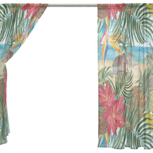  ALAZA Sheer Curtain Tropical Beach Flower Pineapple Voile Tulle Window Curtain for Home Kitchen Bedroom Living Room 55x84 inches 2 panels