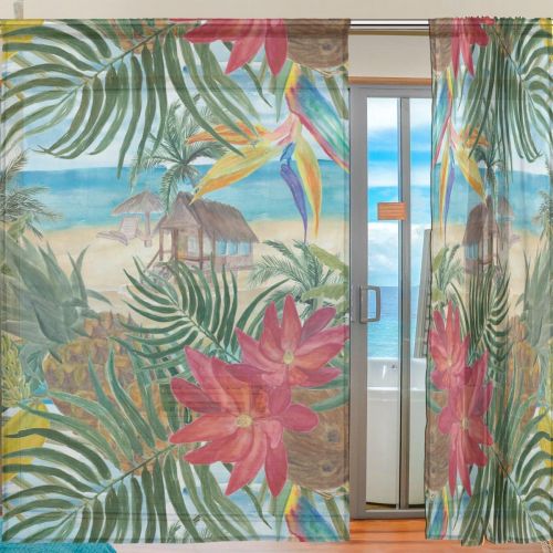  ALAZA Sheer Curtain Tropical Beach Flower Pineapple Voile Tulle Window Curtain for Home Kitchen Bedroom Living Room 55x84 inches 2 panels