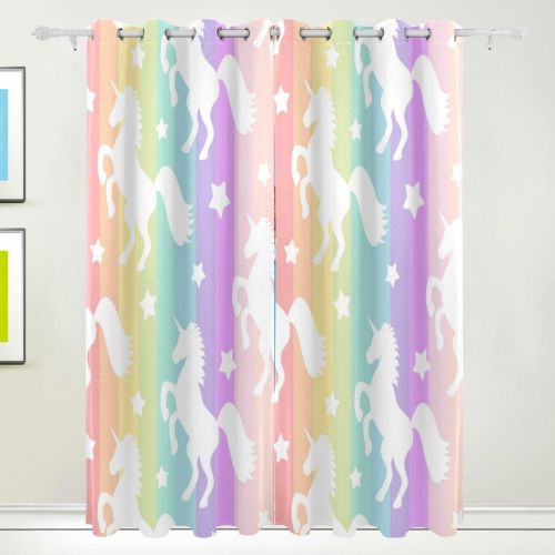  ALAZA Cooper girl Rainbow Stripe Unicorn Decorative Window Curtain Panels Drapes Blackout Thermal Insulated 84x110 Inch Two Panel Set