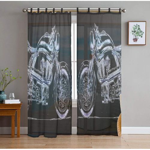  INGBAGS Bedroom Decor Living Room Decorations Retro Motorcycle Pattern Print Tulle Polyester Door Window Gauze  Sheer Curtain Drape Two Panels Set 55x78 inch ,Set of 2