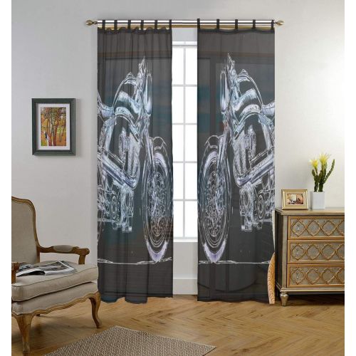  INGBAGS Bedroom Decor Living Room Decorations Retro Motorcycle Pattern Print Tulle Polyester Door Window Gauze  Sheer Curtain Drape Two Panels Set 55x78 inch ,Set of 2