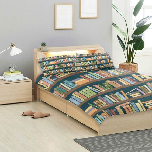  ALAZA 3 Pieces Cartoon Bookshelf in The Library Duvet Cover with 2 Pillowcases Cover Bedding Set Decorative for Kids