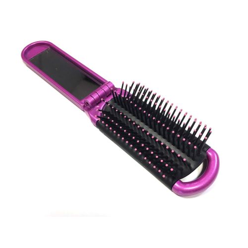  2 ALAZCO Folding Hair Brush With Mirror Compact Pocket Size Travel Car Gym Bag Purse Locker