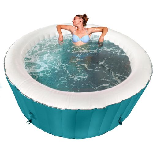  Aleko 210 Gallon Water Capacity 4 Person Round Inflatable High Powered Bubble Jetted Hot Tub Spa with Fitted Cover 3 Filter Cartridges, Light Blue and White HTIR4GRW