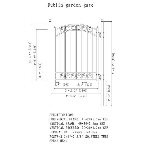  ALEKO PGDUB Dublin Style Ornamental Galvanized Steel Pedestrian Security Gate 5 x 4 Feet Black