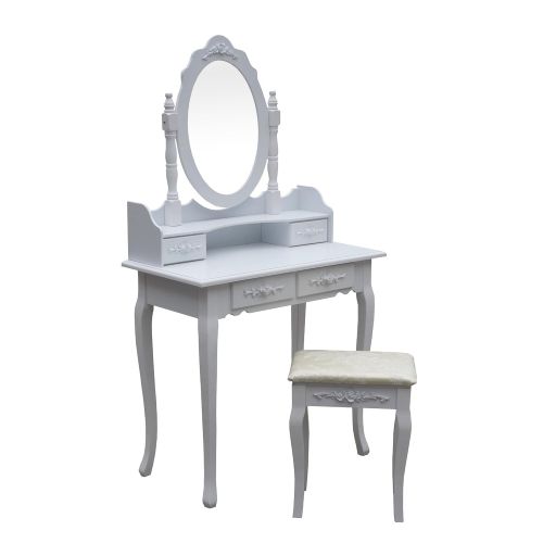  ALEKO DST02WH Floral Accented Bedroom Vanity Dressing Make-Up Table and Stool Set with Mirror and 4 Drawers White