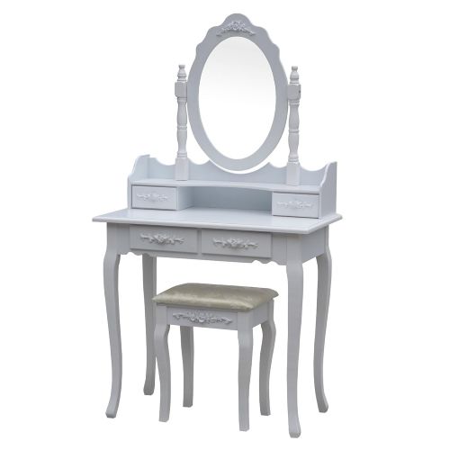  ALEKO DST02WH Floral Accented Bedroom Vanity Dressing Make-Up Table and Stool Set with Mirror and 4 Drawers White