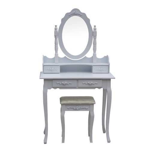  ALEKO DST02WH Floral Accented Bedroom Vanity Dressing Make-Up Table and Stool Set with Mirror and 4 Drawers White