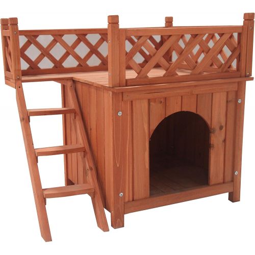  ALEKO DH28X20X25WD Wooden Cedar Pet Home for Small Pets Dogs Cats Side Steps and Balcony Kennel Lounger 28 x 20 x 25 Inches