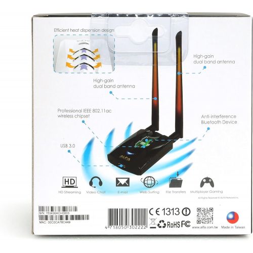  ALFA Alfa Long-Range Dual-Band AC1200 Wireless USB 3.0 Wi-Fi Adapter w2x 5dBi External Antennas  2.4GHz 300Mbps5GHz 867Mbps  802.11ac & A, B, G, N