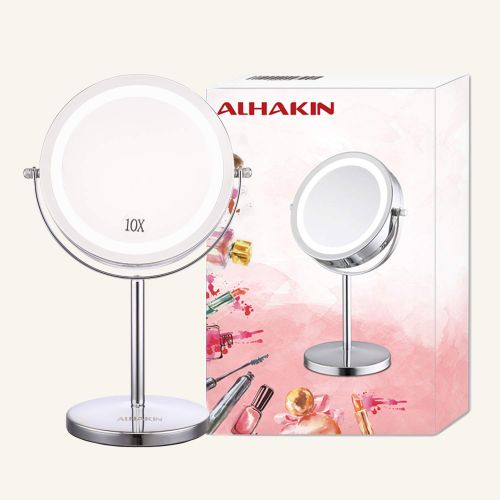  ALHAKIN Lighted Makeup Mirror - 7 LED Vanity Mirror 10X Magnifying Double Sided Swivel Cosmetic Mirror Chrome Finish