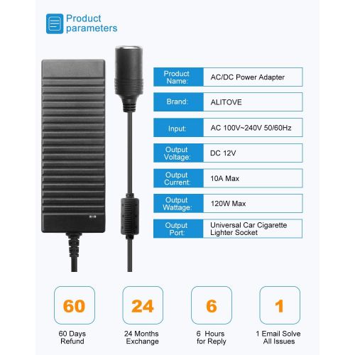  [아마존베스트]ALITOVE AC to DC Converter 110V ~ 240V to 12V 10A 120W Power Supply Adapter Car Cigarette Lighter Socket AC/DC Transformer for Car Vacuum Cleaner, Car Refrigerator and Other Car De
